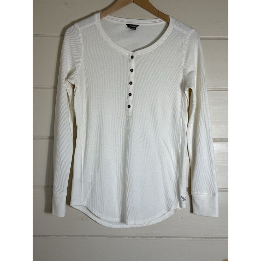 Eddie Bauer M Long Sleeve Cotton Thermal Waffle Knit Cream Ivory Womens Gorpcore